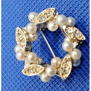 Vintage Rhinestone and Faux Pearl Accented Gold Tone Circle Brooch